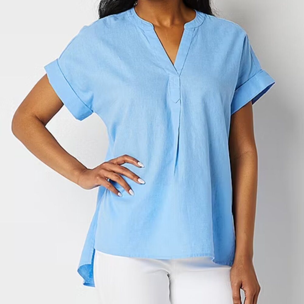 St. John's Bay Women's Split Crew Neck Short Sleeve Blouse Zenith Blue Size L